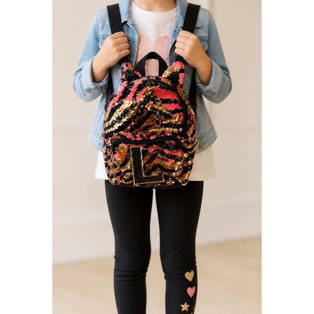 Justice Mini Backpack Pink Gold Black Sequin Tiger Stripe Letter L Cat Ears NWOT